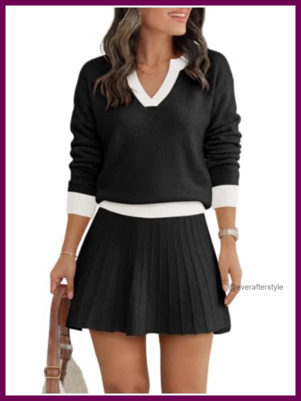 Womens 2 Piece Sweater Skirt Set Striped Knit Pleated Mini Matching Outfit